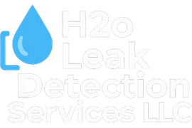 Logo for H2o Leak Detection Services LLC with a baby blue water drop and pipe icon, clean modern branding.