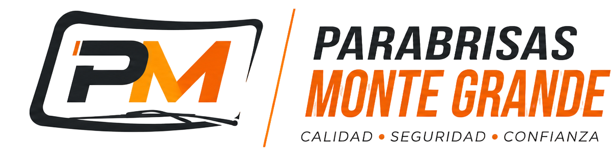 Logo de Parabrisas Monte Grande en blanco, negro y naranja, con el lema “calidad, seguridad, confianza”.