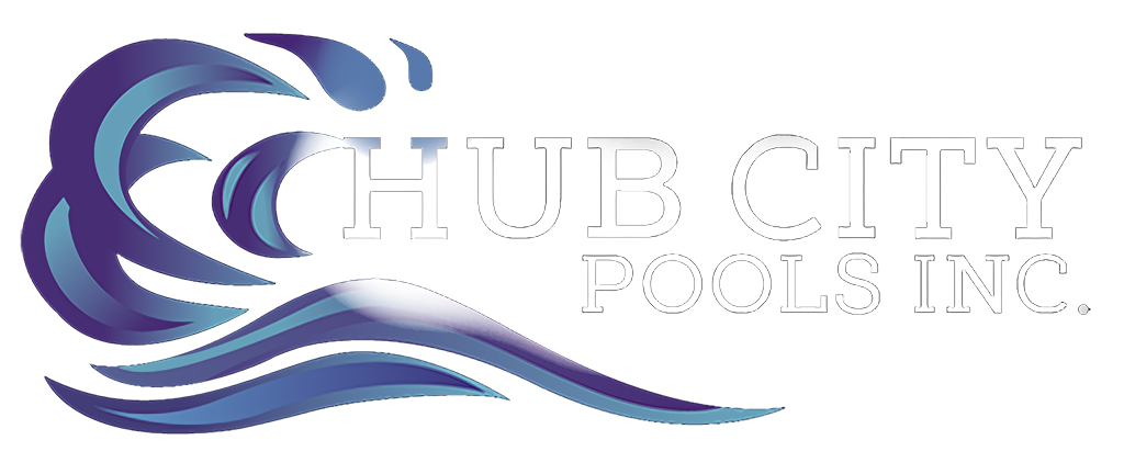 A blue and white logo for hub city pools inc.