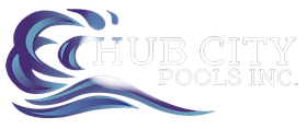 A blue and white logo for hub city pools inc.