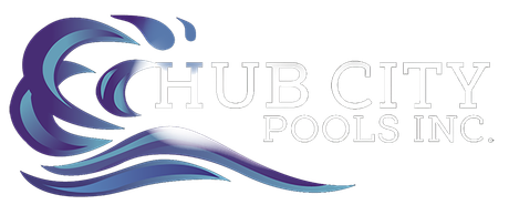 A blue and white logo for hub city pools inc.