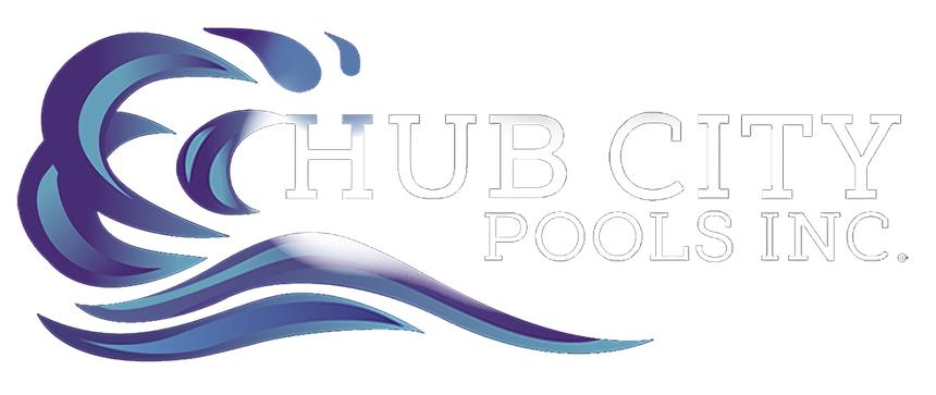 A blue and white logo for hub city pools inc.