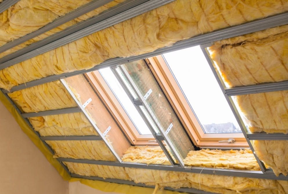 Insulated attic roof with skylight windows and exposed wooden beams