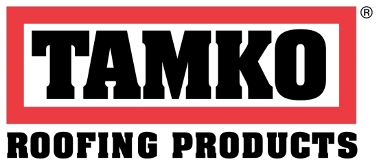 TAMKO Roofing Products logo in black text inside a red rectangular border on white background