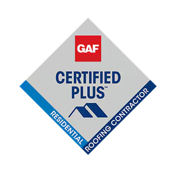 GAF Certified Plus Residential Roofing Contractor diamond logo in gray, blue, and red