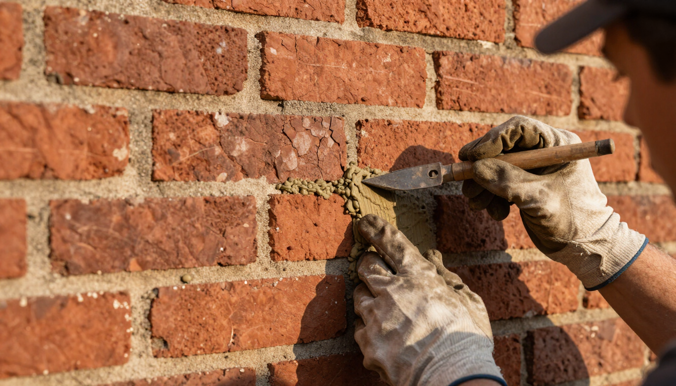 Gloved hands spreading mortar between red brick wall joints with a trowel