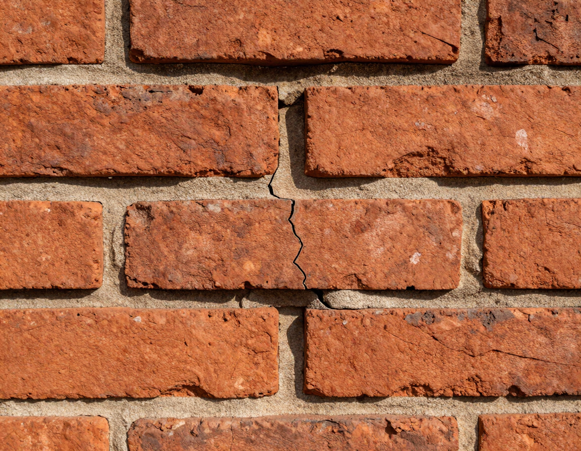 Cracked red brick wall with a vertical split in the center