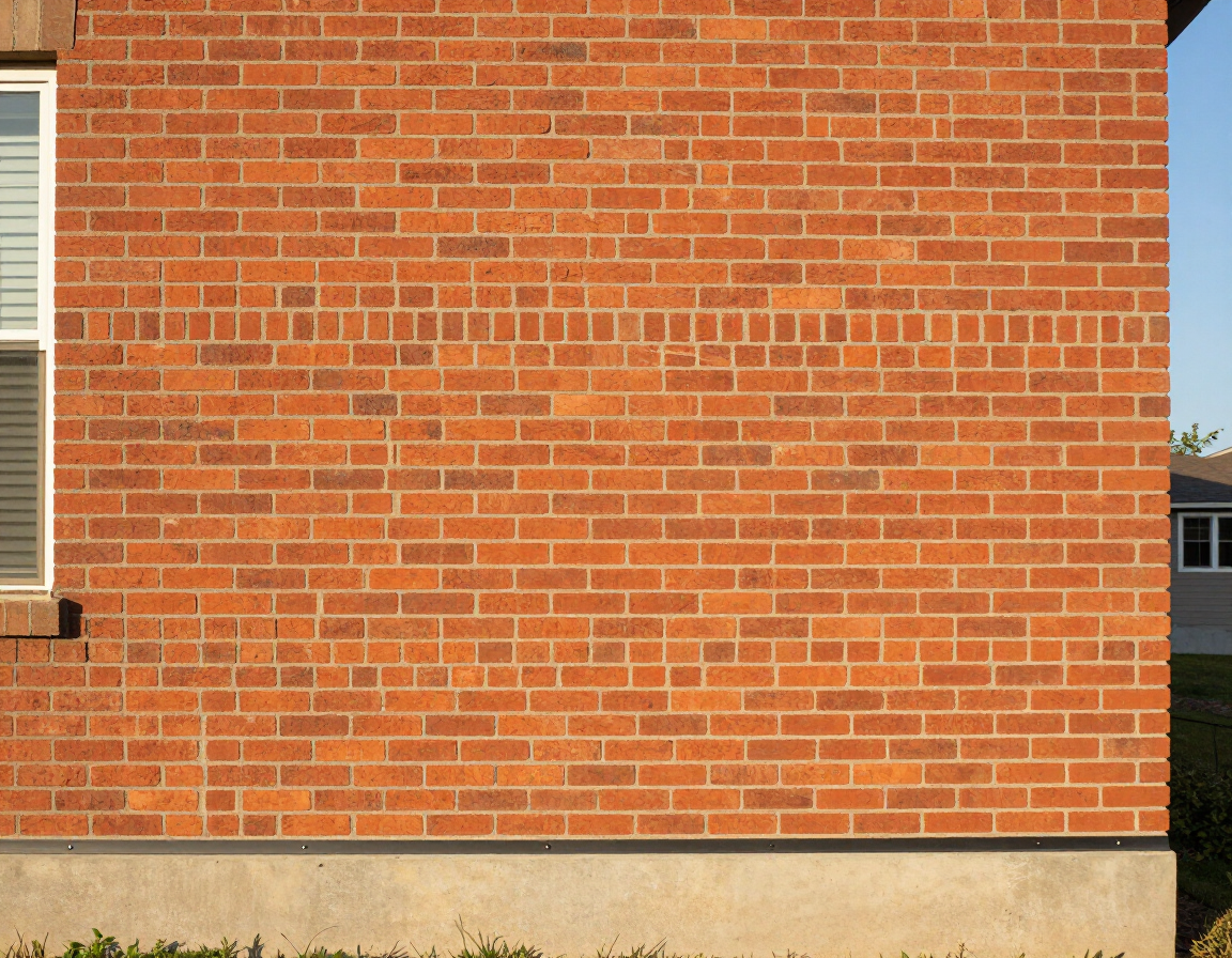 Red brick wall with a tan concrete base and a narrow strip of sky and grass visible