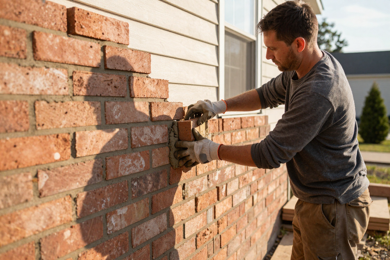 Worker installing bricks on an exterior wall beside a house window