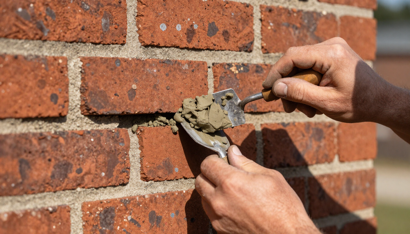 Hands spreading mortar on a red brick wall crack with a trowel
