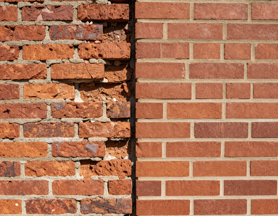 Split brick wall, with damaged, crumbling bricks on the left and intact red bricks on the right.