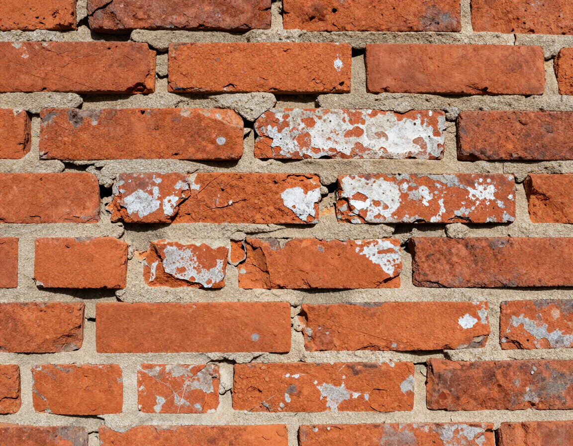 Weathered red brick wall with chipped white paint and crumbling mortar patches