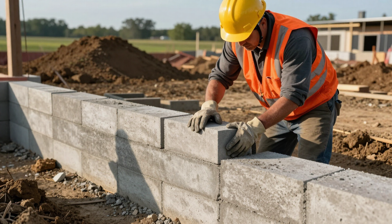 Construction worker laying concrete blocks on a foundation at a building site