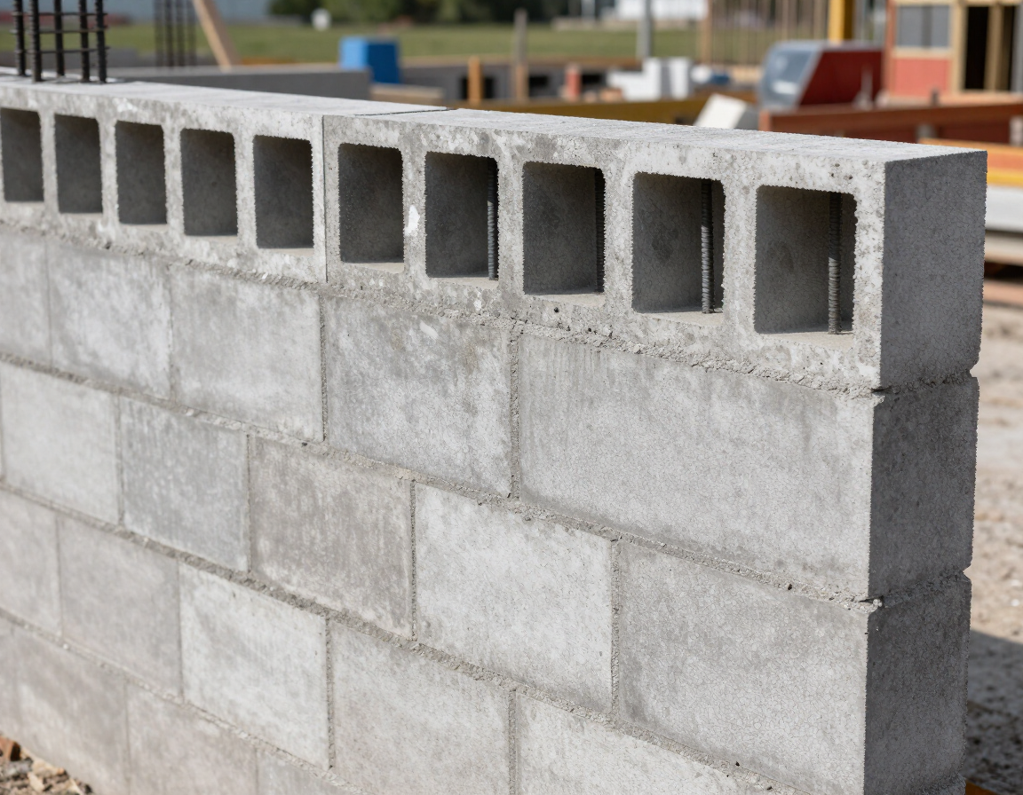 Concrete block wall under construction with open-top blocks along the top row.