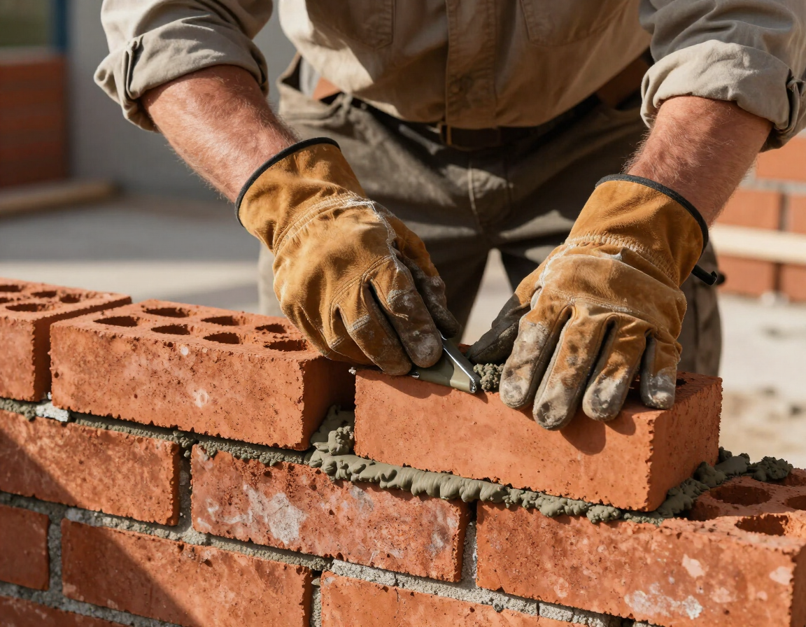 Gloved hands laying red bricks on a brick wall at a construction site