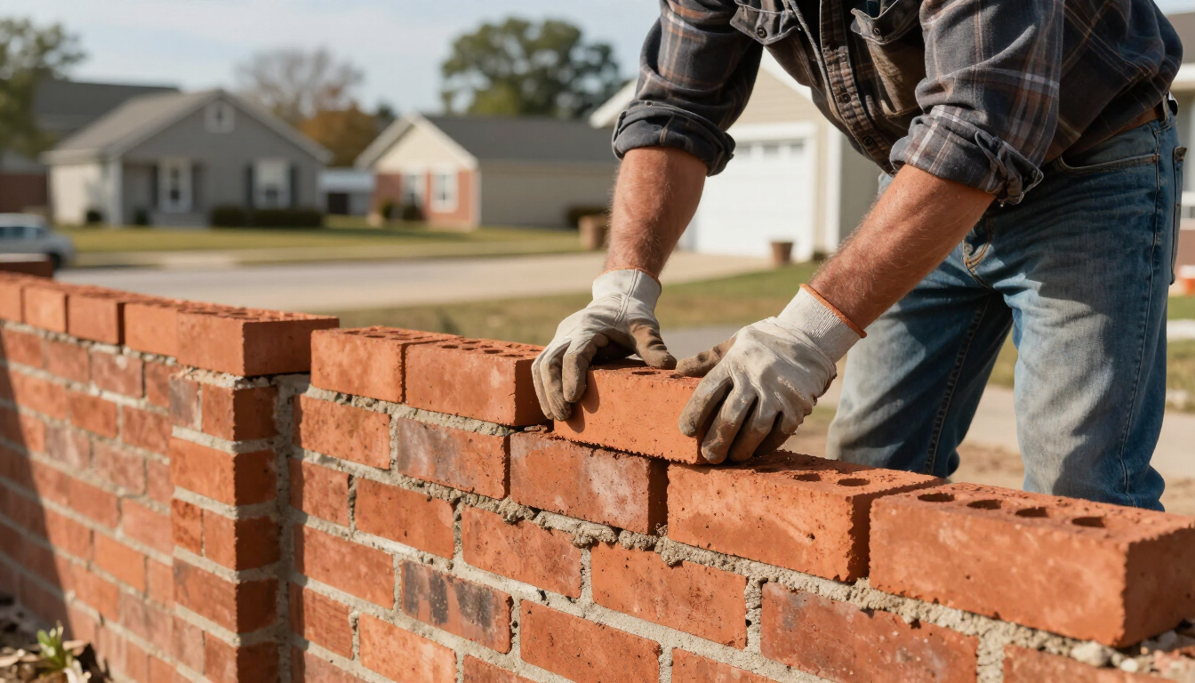 Worker laying red bricks for a wall outdoors on a sunny day