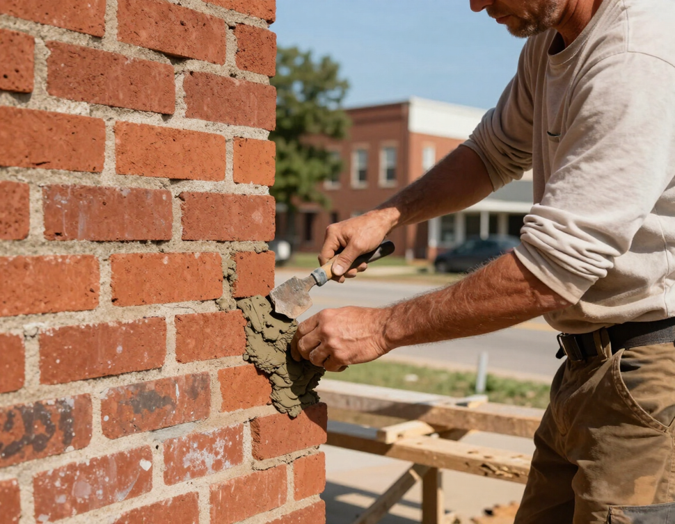Mason applying mortar to a red brick wall on a construction site