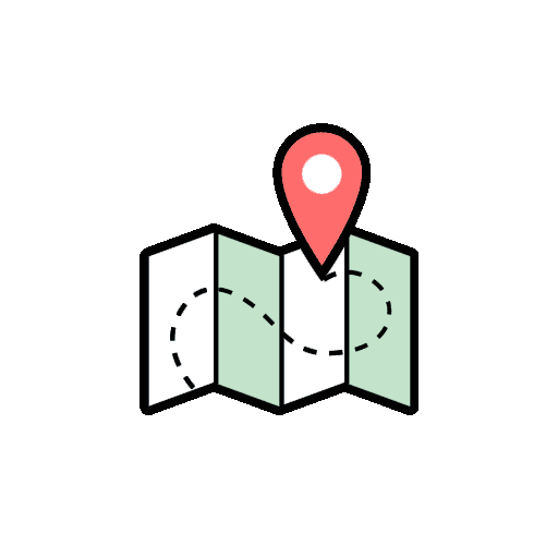 Folded map with a red location pin and a dotted route.