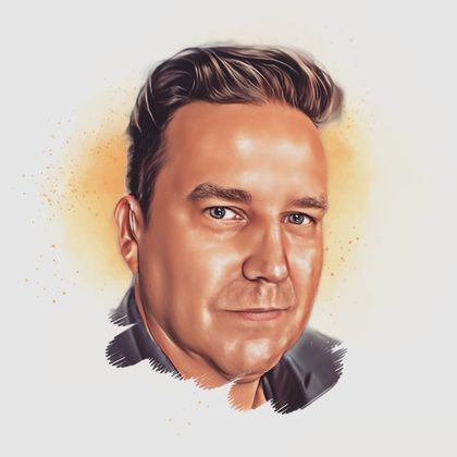 A close up of a man 's face on a white background