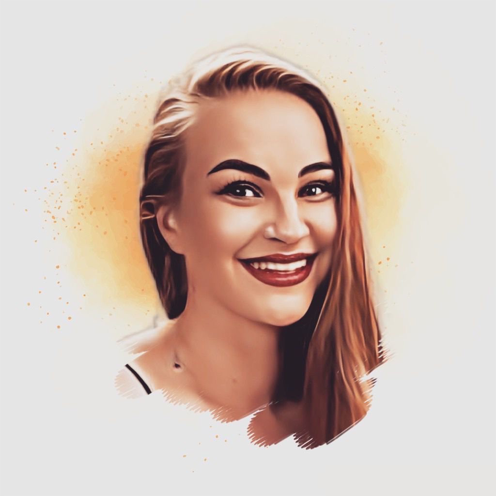 A painting of a smiling woman with long hair