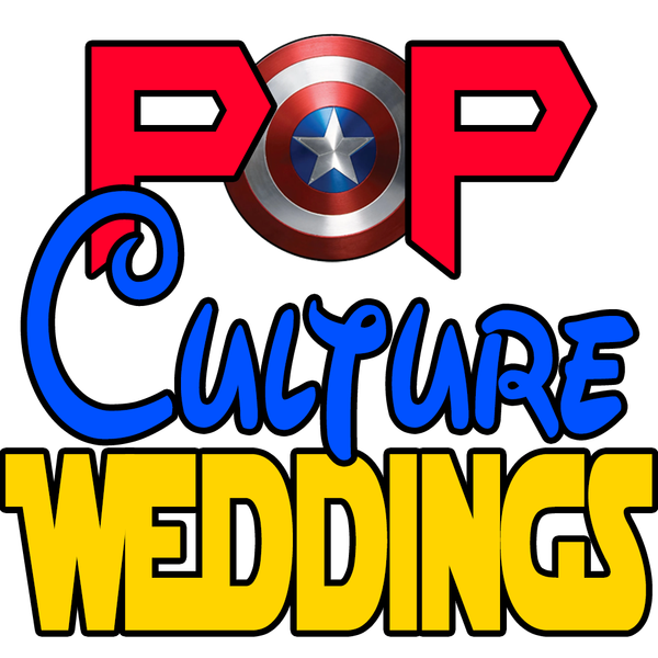 A logo for pop culture weddings with a captain america shield