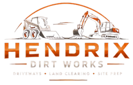 Hendrix Dirt Works logo with orange excavator and dump truck, plus &ldquo;Driveways, Land Clearing, Site Prep&rdquo; text
