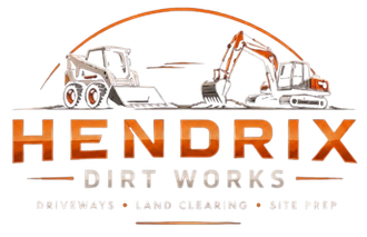 Hendrix Dirt Works logo with orange excavator and dump truck, plus “Driveways, Land Clearing, Site Prep” text