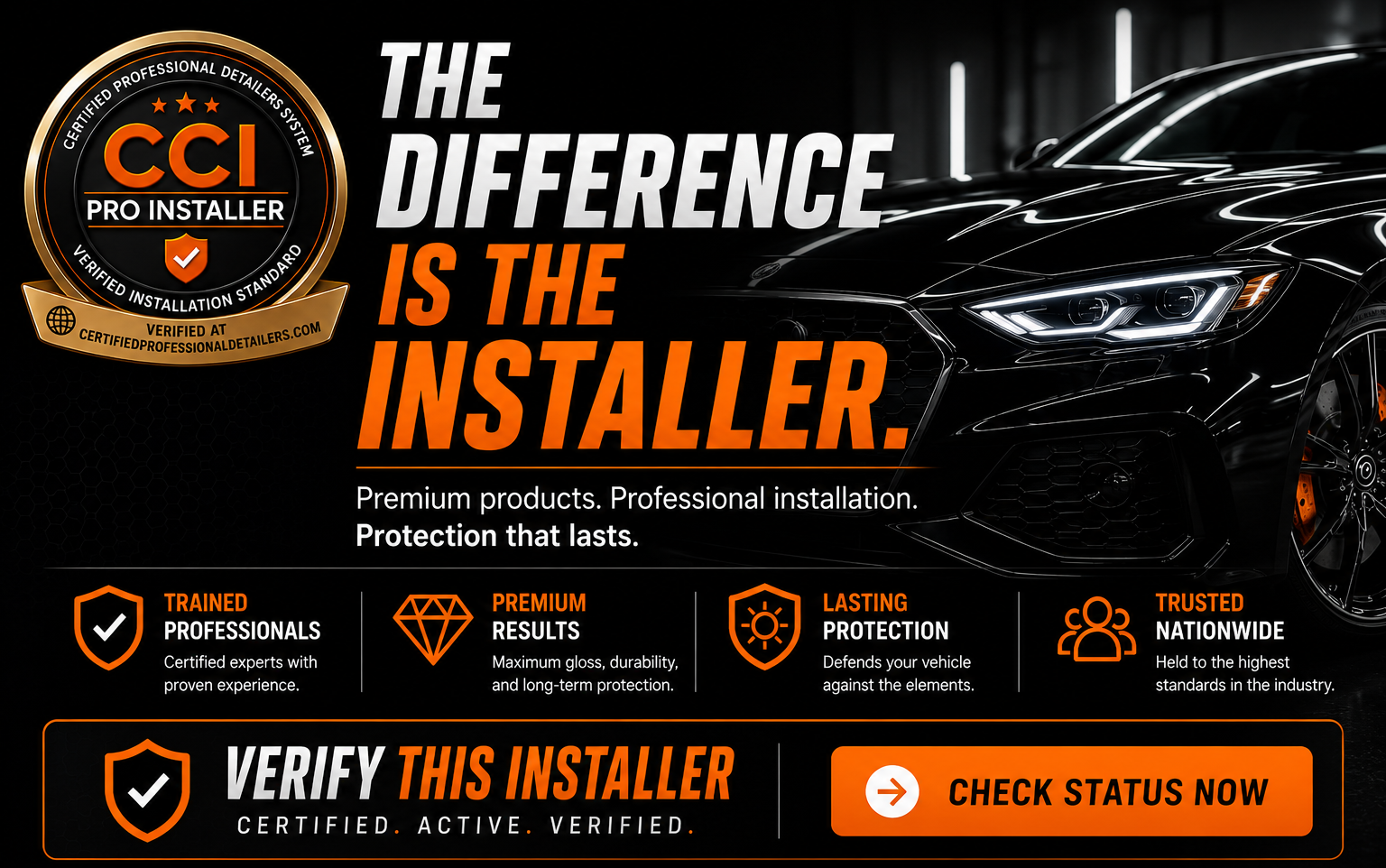 CCI Pro Installer ad with black car, orange accents, and “The difference is the installer” tagline