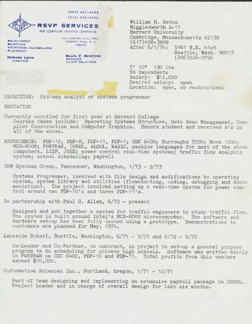 Bill Gates' CV. Typewritten on headed paper from RSVP Services. 