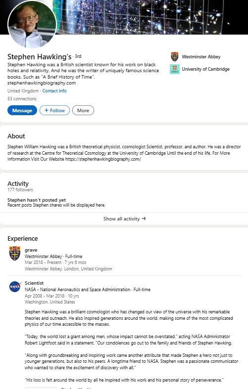 Stephen Hawking's LinkedIn profile. Written by a biographer. 