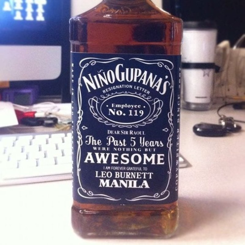 A resignation letter on the label of a Jack Daniels bottle
