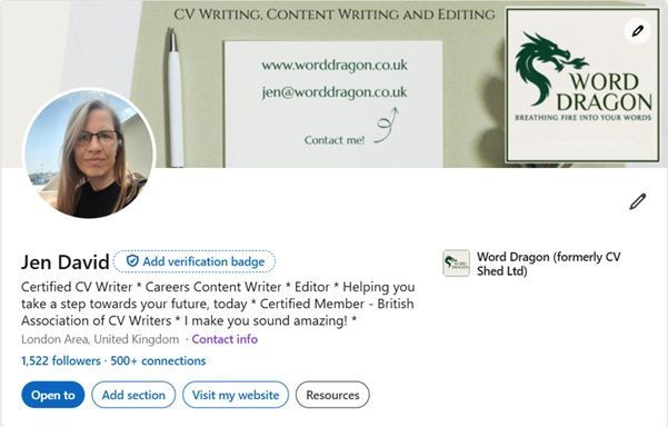 LinkedIn header for Jen David at Word Dragon, including a photo and banner