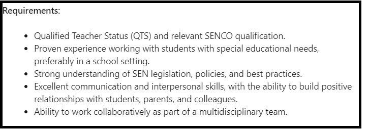 A job advert for a special needs teacher
