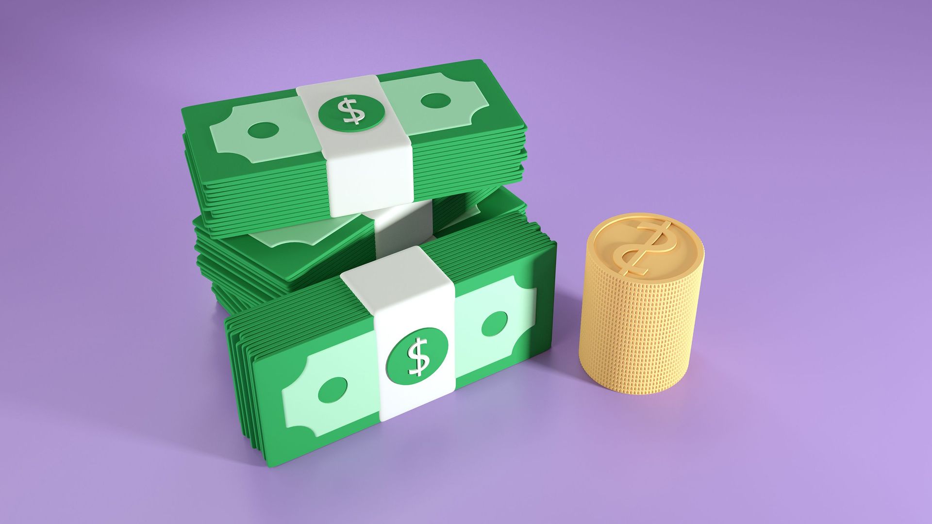 Cartoonish image of a pile of bank notes and a pile of coins. 
