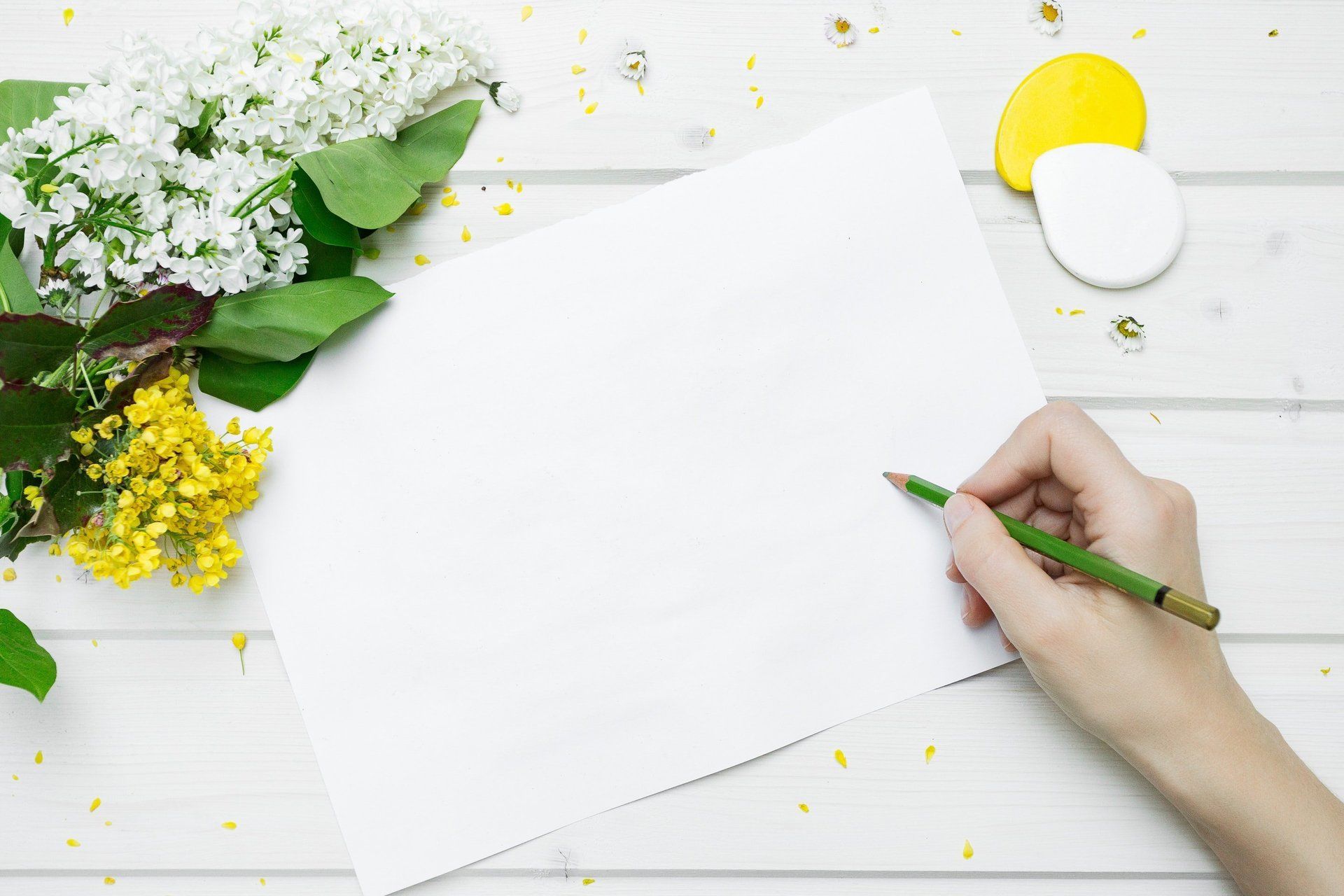 Paper on a white wooden table, with a hand holding a pencil to the right and flowers on the left.