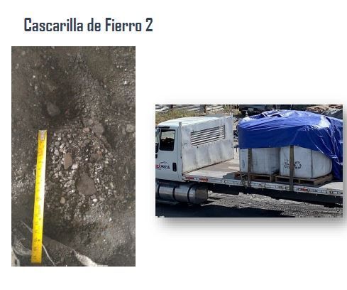 Una regla esta al lado de una foto de un camion que dice cascarilla de fierro 2