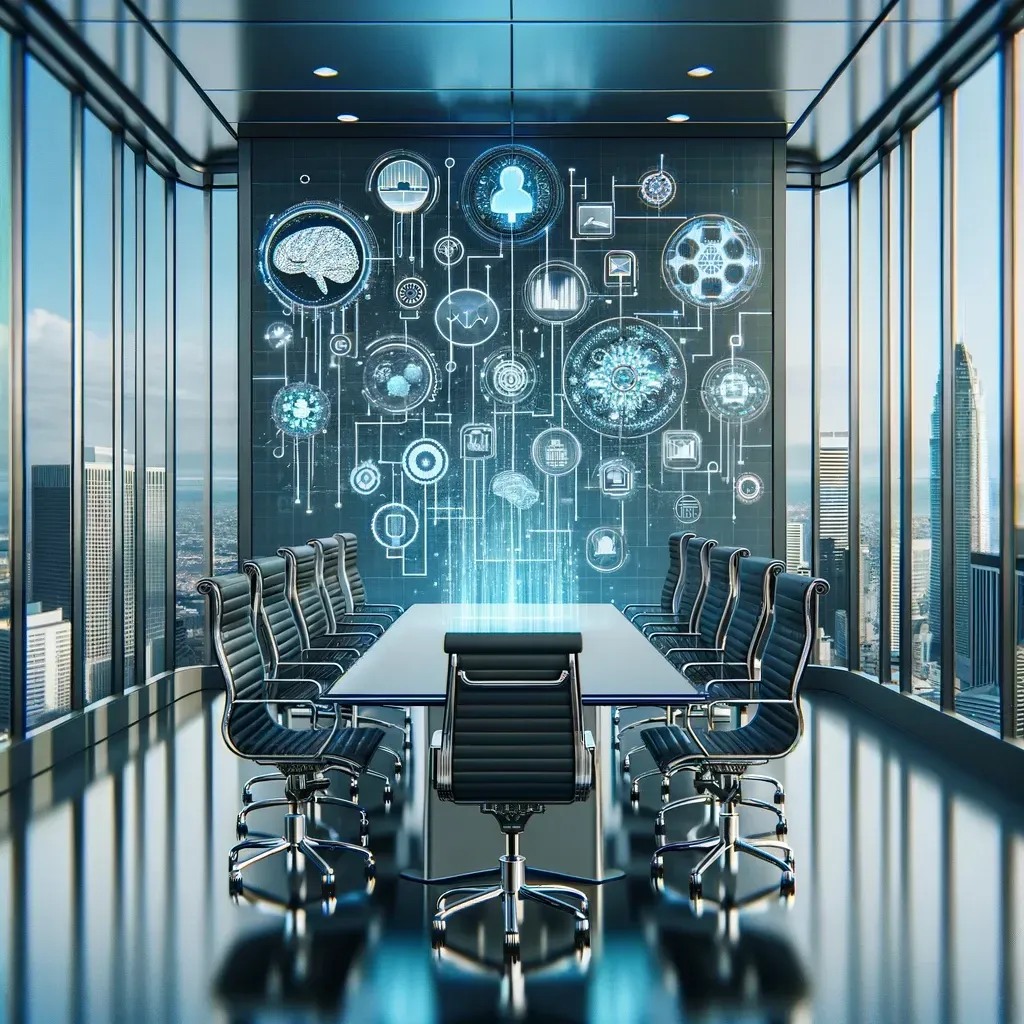 Modern glass conference room with chairs around a table and glowing data icons on the wall