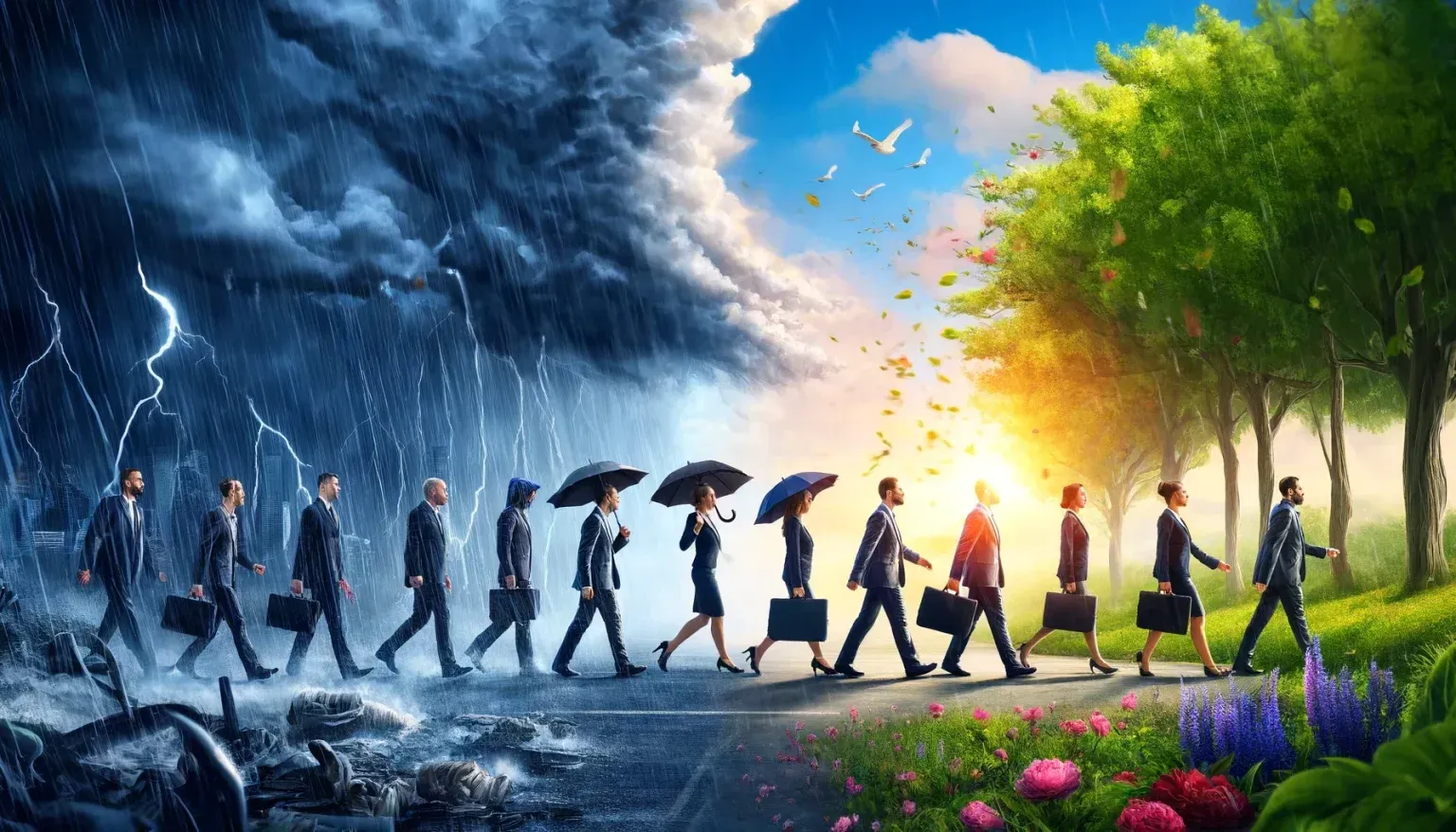 People walking from stormy blue rain into bright sunshine in a split landscape