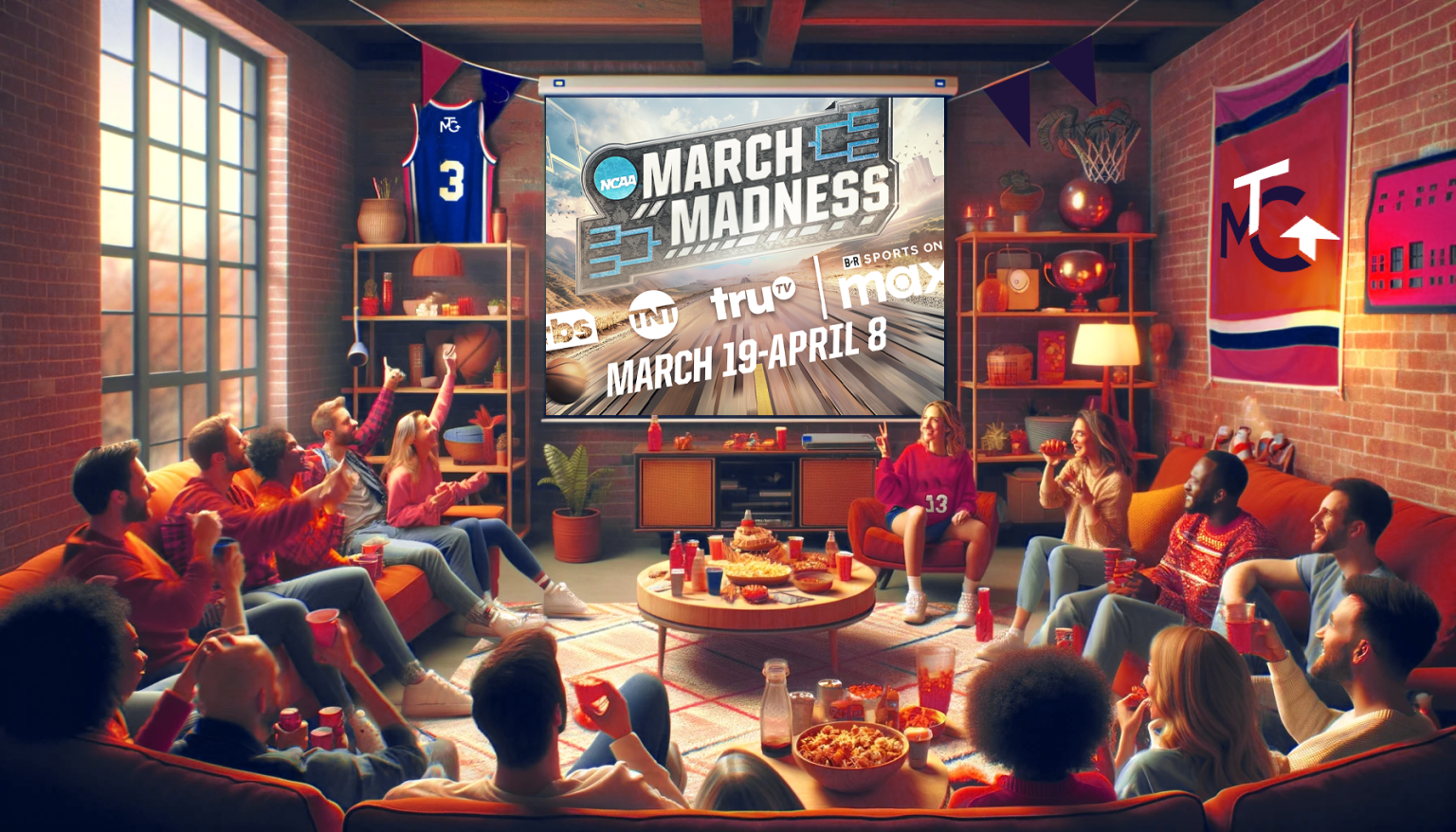 Crowded lounge watching March Madness on a large TV, with red couches, snacks, and sports banners.