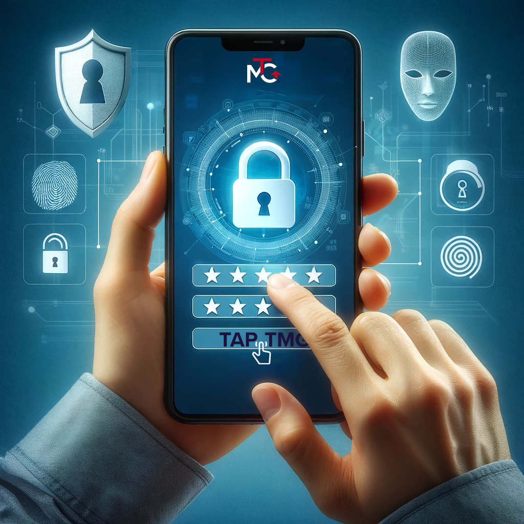 Hands tapping a smartphone lock screen with security icons on a blue digital background