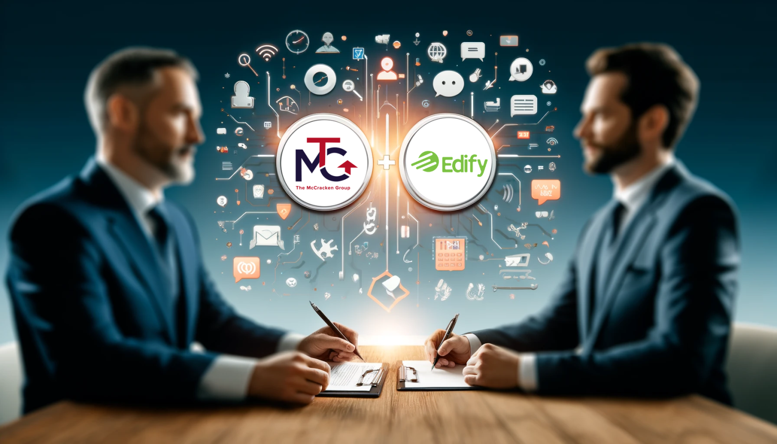 Two businesspeople facing off across a table with logos and digital icons between them