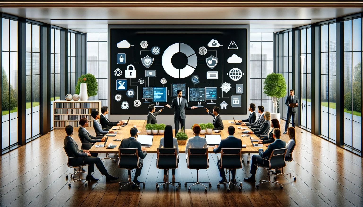 Business meeting in a bright glass conference room with people seated around a table and a large digital dashboard screen.
