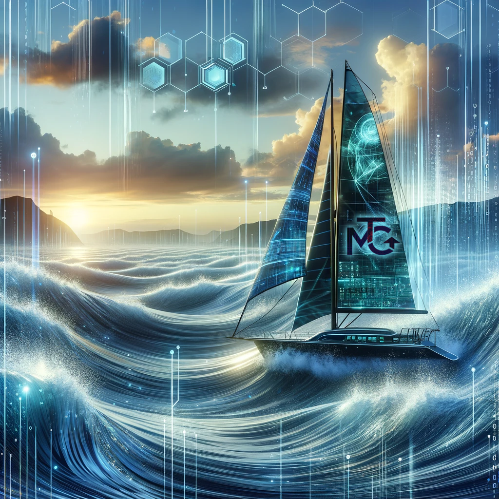 Futuristic sailboat gliding on glowing waves under a sunset sky with digital hexagon overlays