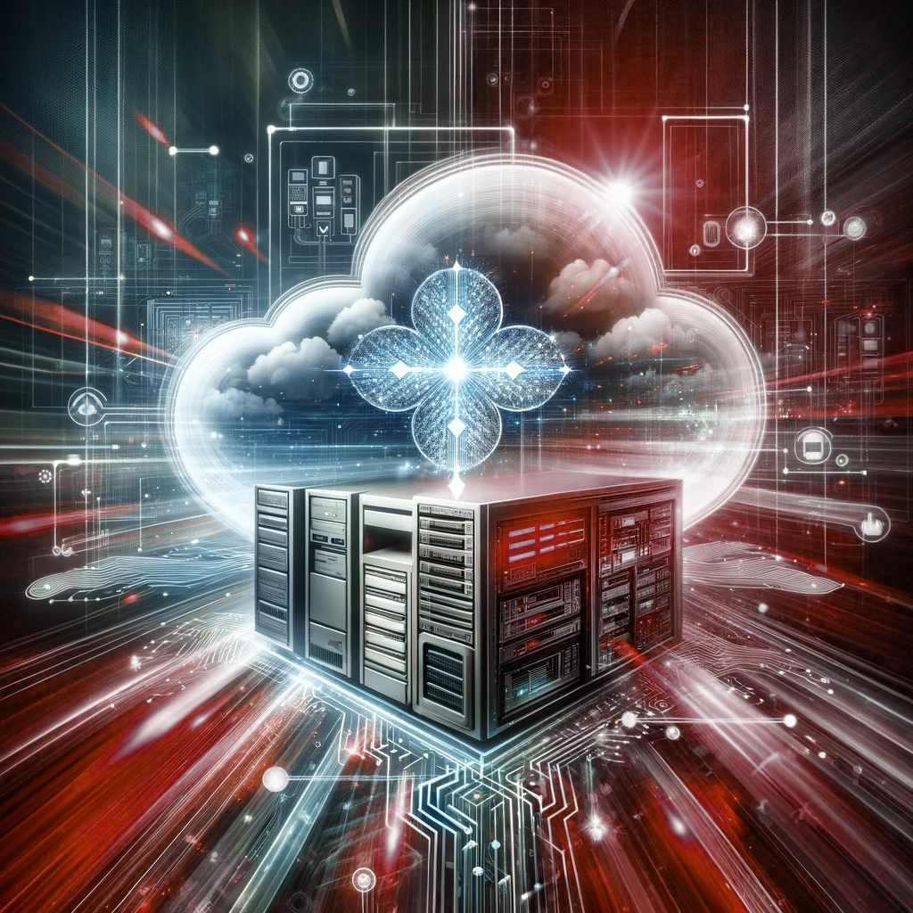 Glowing cloud with a central cross above server racks in a red, digital network background
