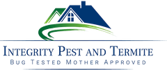 Integrity Pest and Termite logo with blue roof, green swoosh, and tagline “Bug Tested Mother Approved”