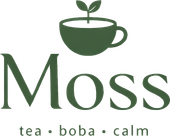Moss tea logo with a green teacup and leaf sprout, plus the words &ldquo;tea &bull; boba &bull; calm&rdquo;