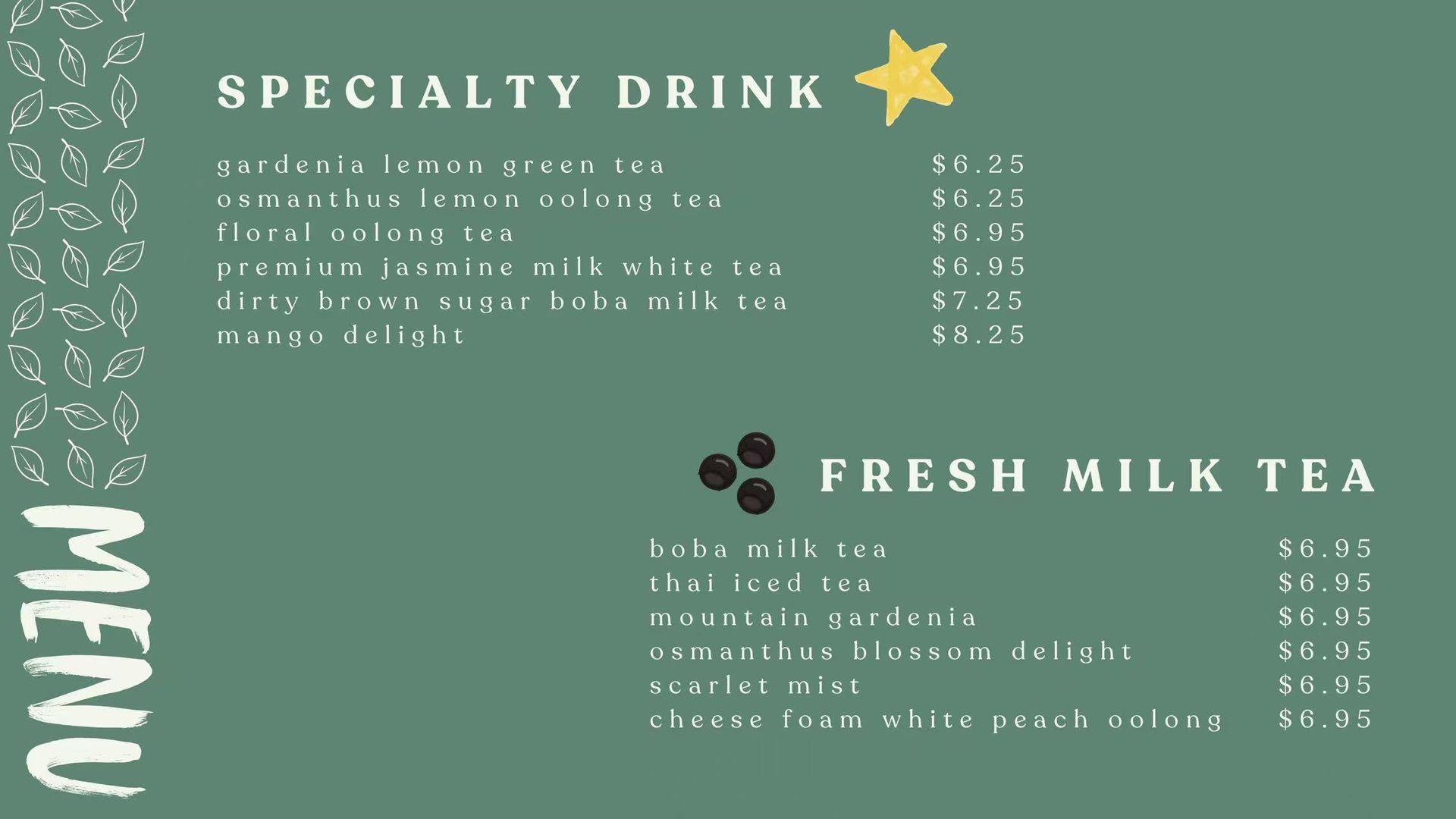 Spanish lemonade menu with green accents, showing tea, fruit teas, and prices with lemon drink photos.