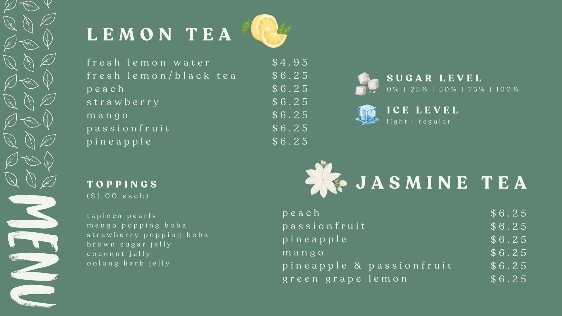 Lemon tea menu with iced drinks, prices, and fruit-topped beverage options in green and yellow layout