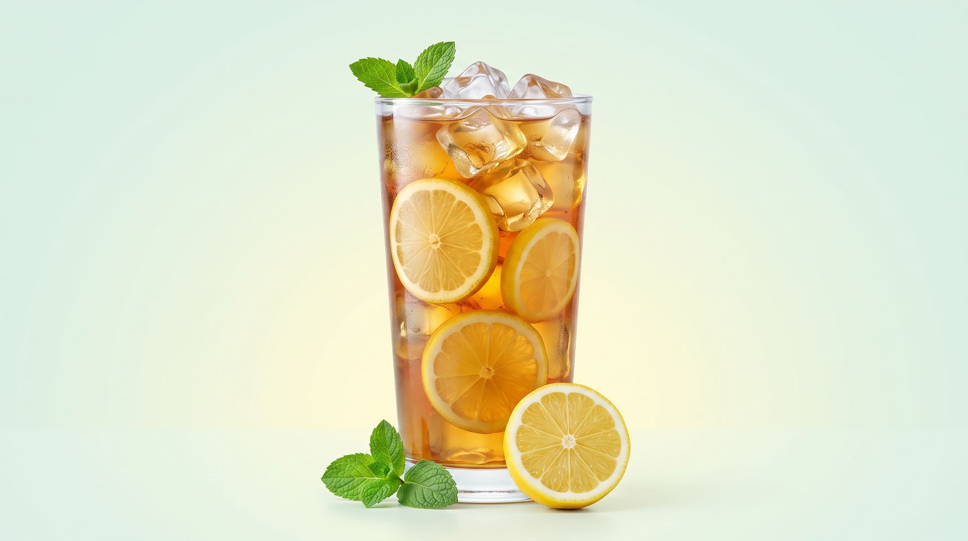 Tall iced lemon drink with mint and lemon slices on a light background