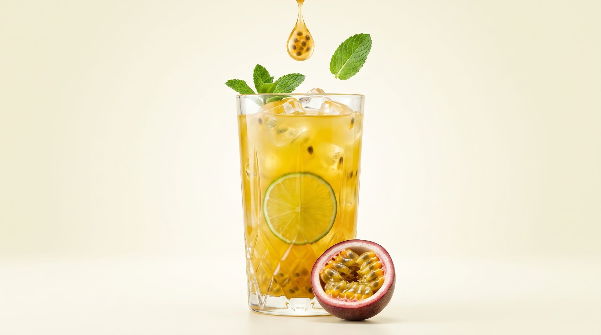 Passion fruit cocktail with mint and ice in a tall glass, halved passion fruit beside it on a light background